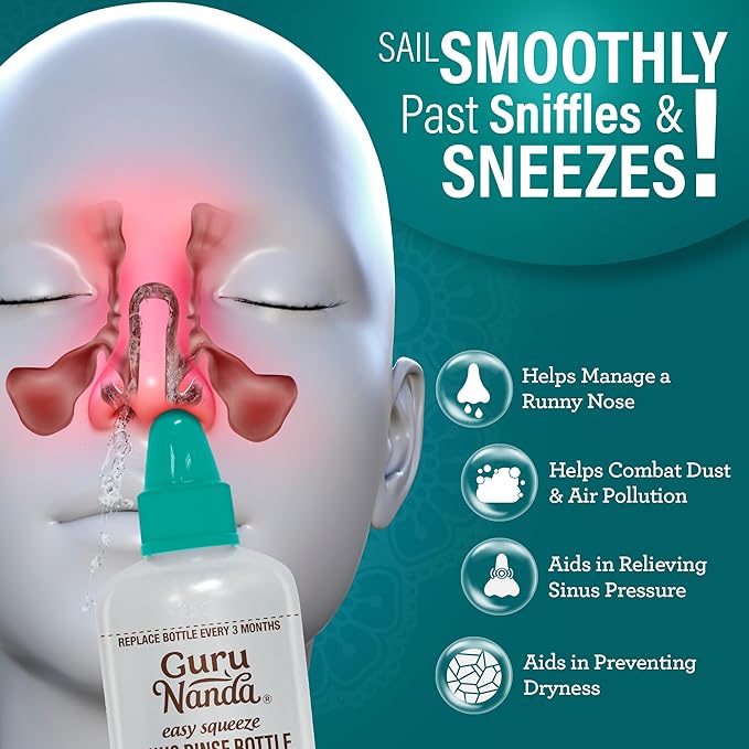 GuruNanda Sinus Rinse Bottle & Saline Premixed Packets 120ct - All Natural Sinus Rinse Packets to Help with Allergies & Congestion Relief, 0.08oz Each