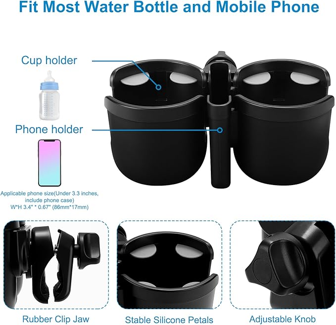 Accmor Stroller Cup Holder with Phone Holder, Universal Cup Holder for Uppababy Nuna Doona Strollers, 2-in-1 Bottle Phone Holder for Bike, Wheelchair, Walker, Scooter
