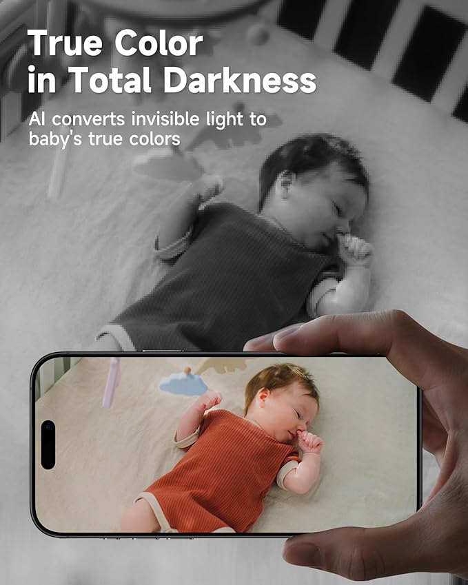 Baby Monitor with Camera and Audio - 2K Color Night Vision, WiFi Video Baby Monitor - 355° Pan/70°Tilt, AI Motion/Cry/Temp/Humidity Alerts, 2-Way Audio, App for 20 Users, 8 Lullabies
