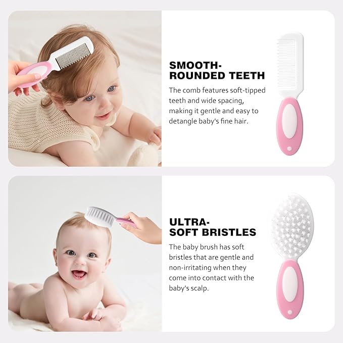 Baby Grooming Kit,Baby Health Care Kit,Baby Brush Soft Bristles 5 pcs Baby Nail Kit Nursery Care Kit Baby Hair Brush Hair Comb Nail Kit Safety Cutter Nail Clipper Set Pink