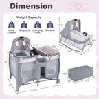 BABY JOY 5 in 1 Pack and Play, Portable Baby Playard w/Bassinet & Diaper Changing Table, Infant Pink Bassinet Crib with Toys & Music & Oxford Bag for Baby Girl Toddlers (Pink + Purple, Classic)