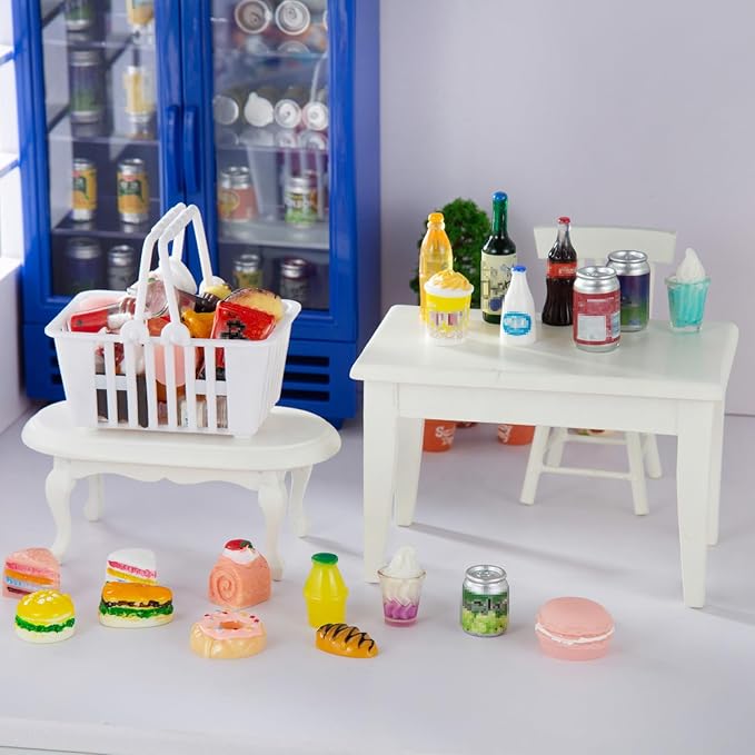 50 Pcs Miniature Food Drink Bottles Soda Pop Cans Pretend Play Kitchen Game Party Accessories Toys Hamburg Cake Ice Cream for 1/12 Doll House (25Food+25Drink)