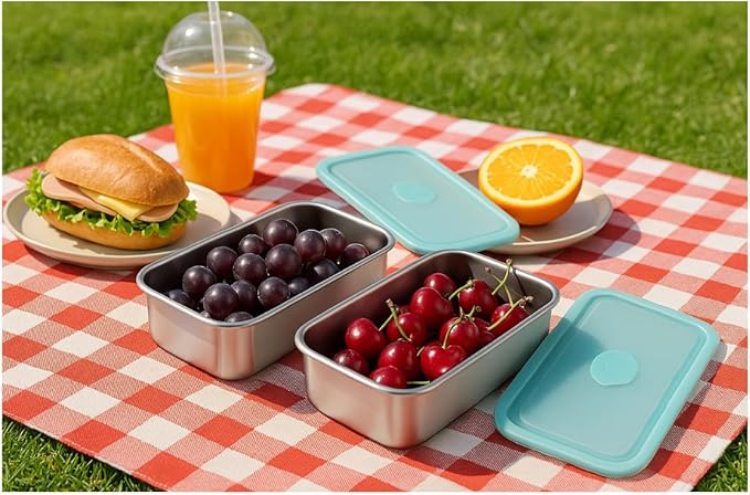 2 Pack Stainless Steel Snack Containers – Leakproof Reusable Bento Boxes with Lids for Food Storage, Travel, Work, Outdoor (Clear Lid/Silver Base, 1 Compartment)