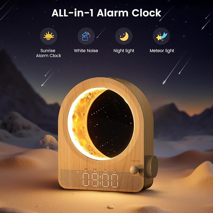 Sunrise Alarm Clock, White Noise Machine & Meteor Moonlight - 10 Soothing Sounds, Dual Alarms, 30/60/90min Timer, Easy Snooze - Bedroom Gift for Insomnia Adults/Women - Wood