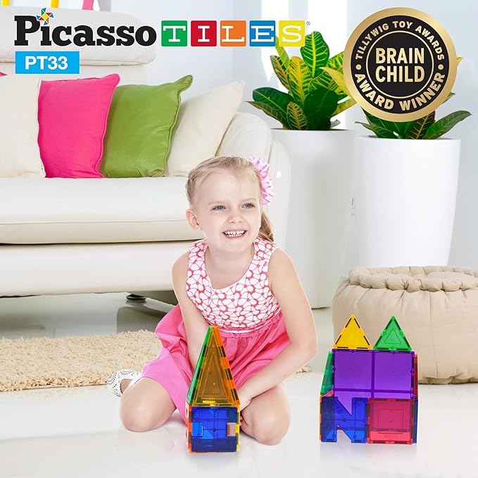 PicassoTiles Educational Set Magnetic Building Tiles with Unique Shapes & Clear Box Tile 3D Magnet Construction Block Different Shapes Connects with Other Figure for Boys & Girls Ages 3+