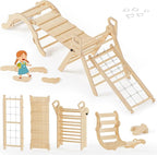 BlueWood 10-in-1 Pikler Triangle Set, Toddler Climbing Toys Indoor, Montessori Climber, Baby Jungle Gyms with Arch, Extra Rope Ladder & Footprint Balance Beam - Natural Rustic
