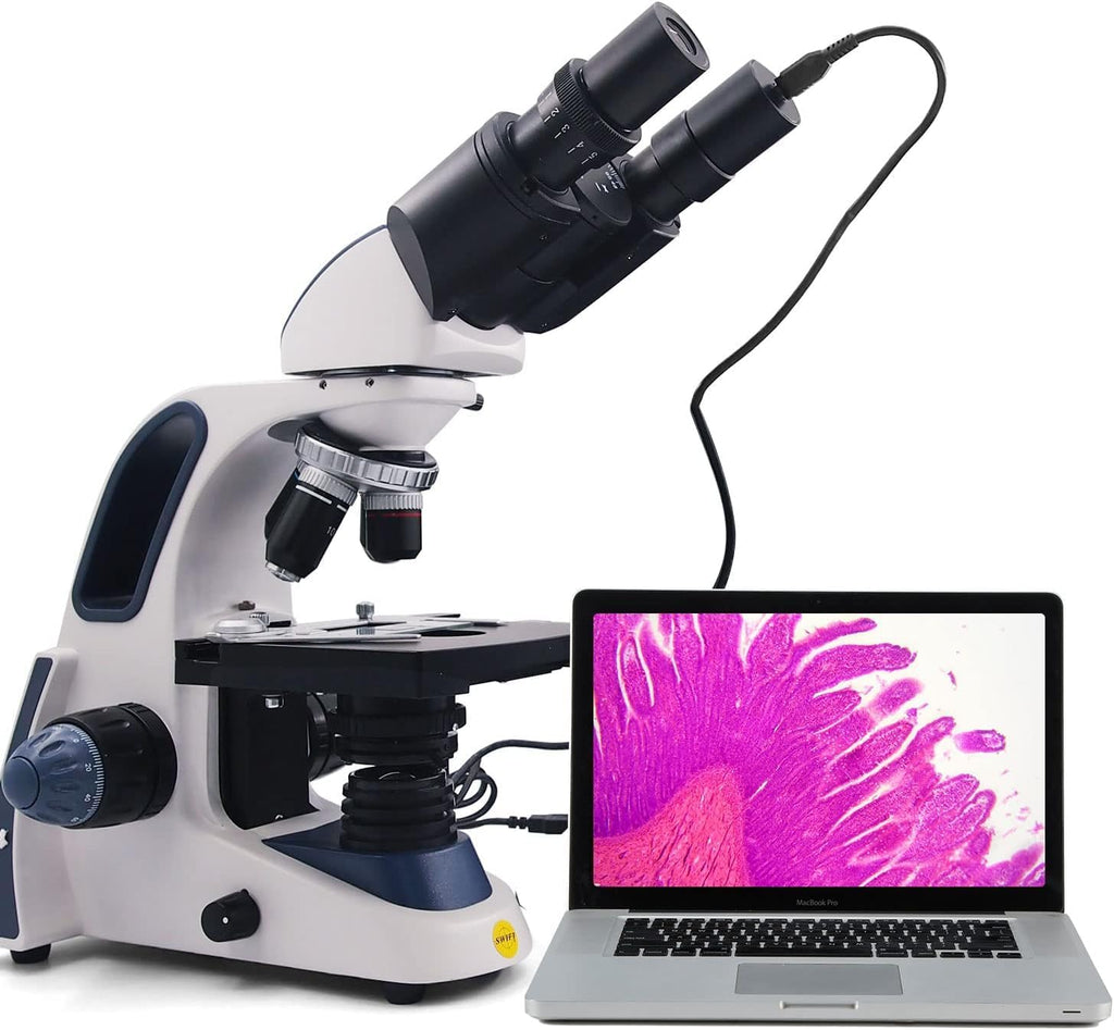 Swift SW380B Binocular Compound Microscope with 1.3MP Camera and 5 Prepared Slides+5 Blank Slides, 40X-2500X,Mechanical Stage