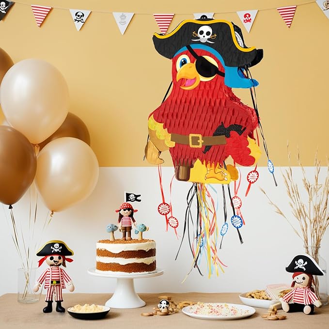 WERNNSAI Foldable Pirate Pinata - Extendable Pirate Parrot Pinata with Blindfold Bat and Tassels for Boys Pirate Birthday Party Supplies Caribbean Piñata Adventure Party Decorations 16.4” x 12.4”
