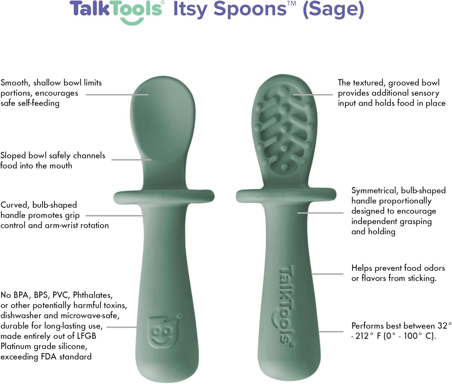 TalkTools ITSY Tiny Silicone Spoons – Twin Pack Soft Silicone Self-Feeding Training Spoons for Kids & Toddlers, Anti-Choking Flange Guard and Non-Slip Handle (Sage)