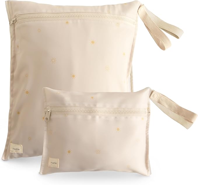mushie Water Resistant Wet Bags | Large & Small Reusable Storage Bag for Baby Items and Travel | Zippered Pockets with Handle | Machine Washable, Set of 2 (Sun)