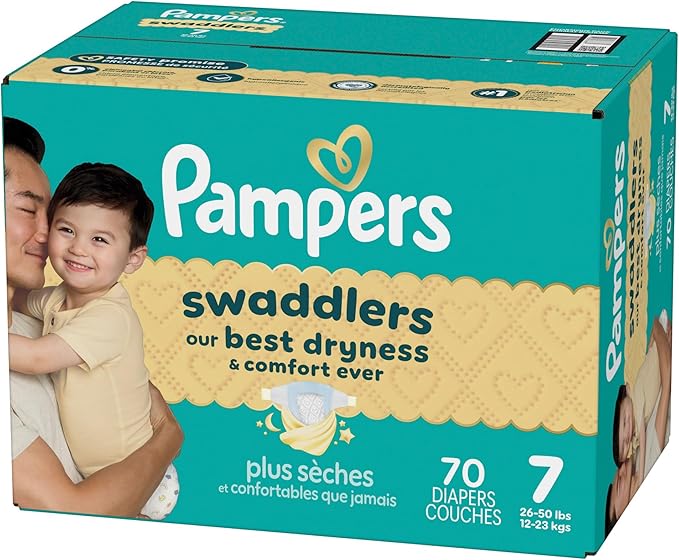 Pampers Swaddlers Diapers, Size 7 (26-50 lbs), 70 Count, Absorbent, Keeps Baby Dry and Comfortable, Skin Safe Disposable Baby Diaper (Packaging May Vary)