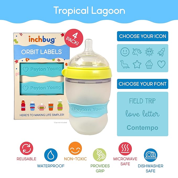 InchBug Orbit Labels Baby Bottle and Water Bottle Silicone Name Bands – Personalized Reusable Label Set for Daycare, Sippy Cups, Preschool, Elementary School, Dishwasher Safe, 4-Pack (Tropical Lagoon)