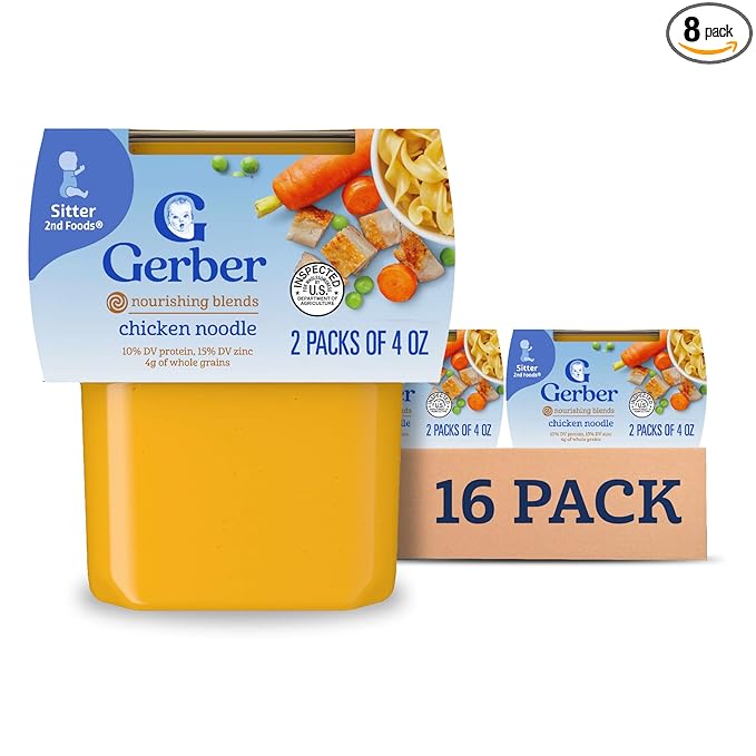 Gerber Baby Food 2nd Foods, Dinner, Chicken Noodle Puree, 4 Ounce Tubs, 2-Pack (Pack of 8)