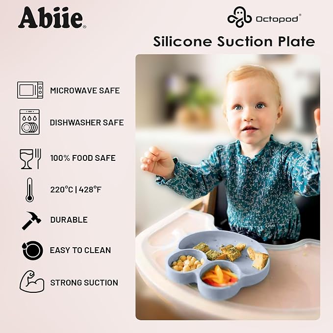 Abiie Octopod Frog Silicone Plates with Suction - Spill Proof, Easy to Clean - BPA-Free Bowl - Suction Plates for Baby and Toddler - Training & Feeding Divided Grip Dish (Pink Lavender)