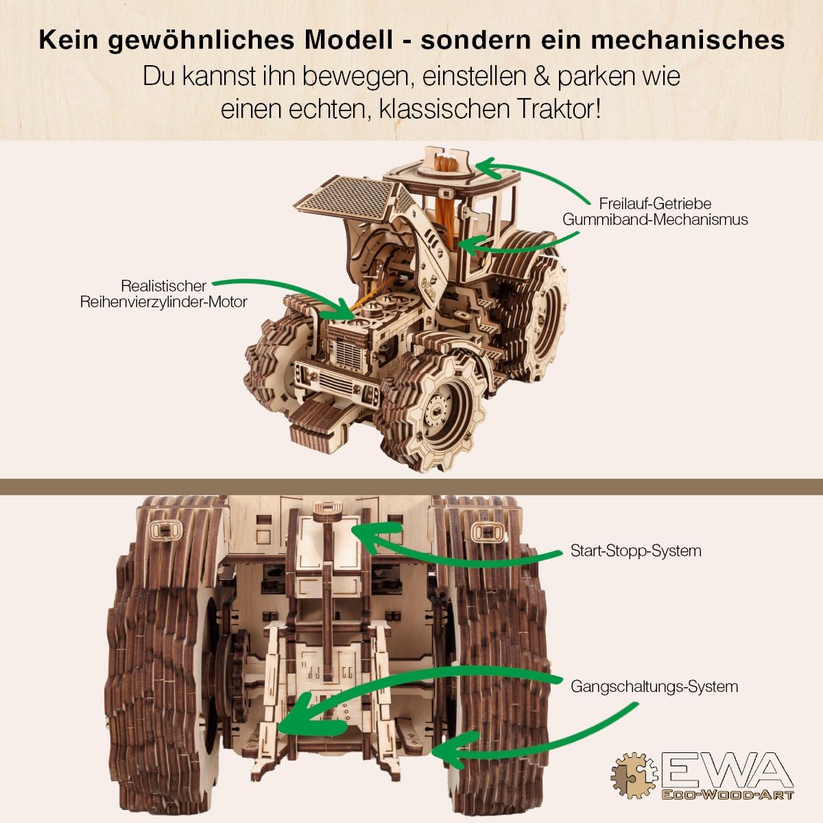 EWA 3D Mechanical Wooden Model - DIY Tractor with Start-Stop System, Inline-Six Engine & More - 3D Wooden Puzzle for 15 yrs Above & Adults - Eco Wood Art, 596 Piece