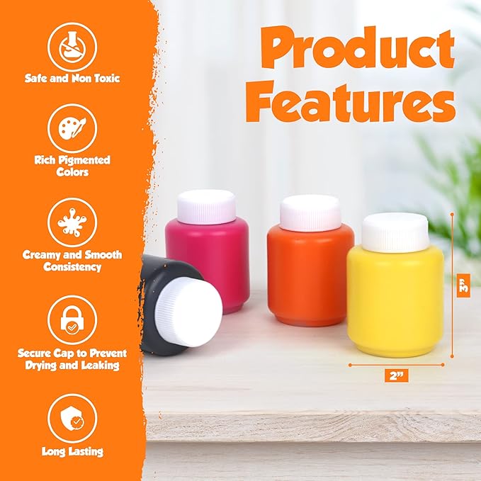 Kids Painting Set, Washable Paint for Kids 6 Colors, Non Toxic Tempera Paint 2 oz Each, Paints for Toddlers Art, Craft, School and Home Finger Paints Projects