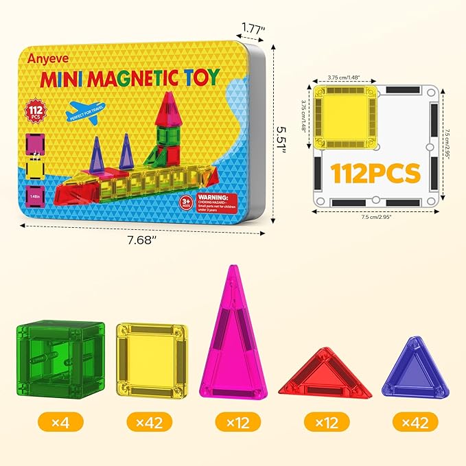 112PCS Mini Magnetic Tiles for Kids, Magnetic Tiles Travel Set with Iron Box, Portable Construction Toys STEM Educational Building Set for Kids Ages 4-8 Toddlers, Boys & Girls Birthday New Year Gift