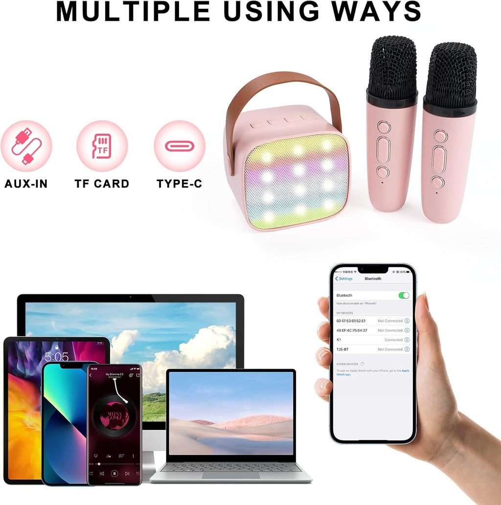 Mini Karaoke Machine for Kids Adults,with 2 Wireless Microphones & Light- Bluetooth Portable Speaker Birthday Gifts for Girls 3-12 Years Old Toddler Toys