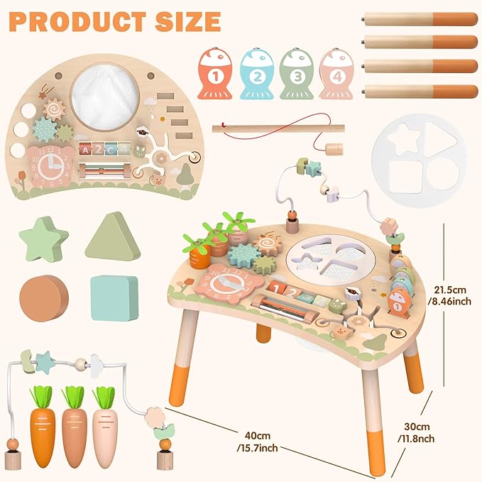 Activity Table for 1+ Year Old, 9-in-1 Wooden Montessori Toy Activity Center with Shape Sorter Fishing Game Bead Maze, Baby Play Table Sensory Educational Toys for Toddler