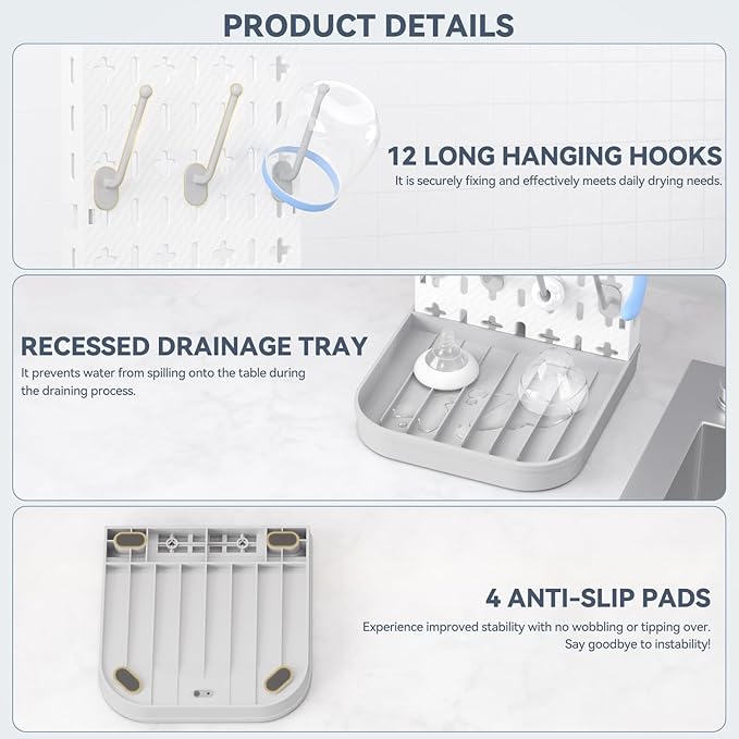 Baby Bottle Drying Rack Bottle Dryer Rack for 12 Bottle Drying Rack Space Saving Kitchen Countertop Vertical Cup Drainer Rack Detachable Baby Bottle Holder Storage Organizer Pump Part Dryer Rack Grey