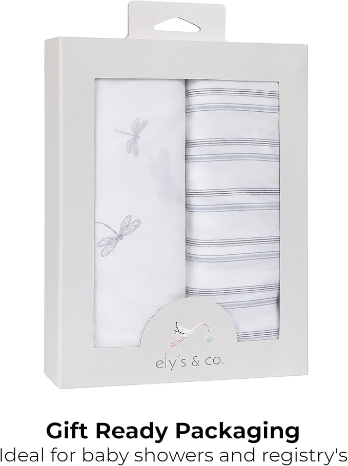Ely’s & Co. Crib Sheets, Baby Boy Fitted Crib Mattress Sheet Set, 2 Pack, 100% Jersey Knit Cotton, Infant and Toddler Nursery Bedding, 28” x 52” Dragonflies + Stripes Collection