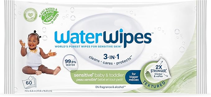 WaterWipes Sensitive+ Baby & Toddler Wipes, 3-In-1 Cleans, Cares, Protects, 99.9% Water, Textured Clean, Unscented & Hypoallergenic, 60 Count (1 Pack)