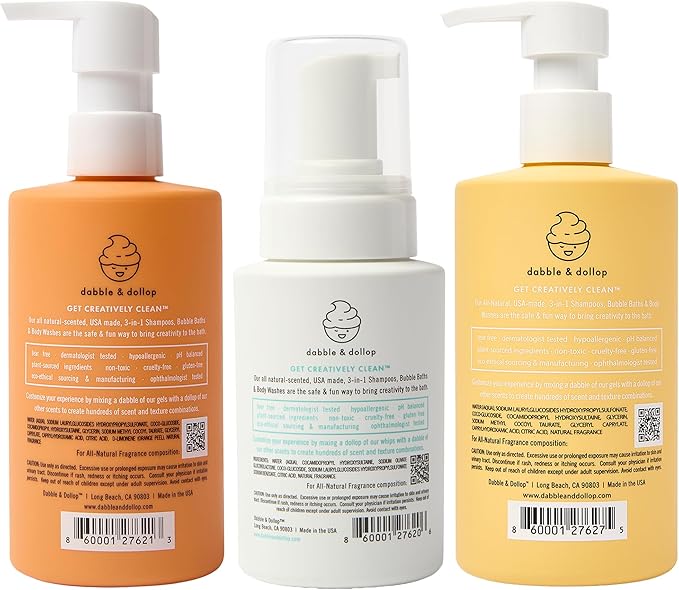 Dabble & Dollop Citrus Kiss Bundle, Natural Bubble Bath, Body Wash & Shampoo for Kids, Paraben & Sulfate Free, Vegan, Gluten-Free, Tear-Free, Tangerine, Vanilla, Lemon (Set of 3)