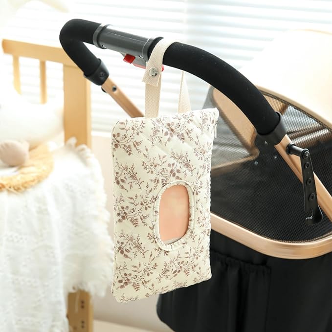 Quilted Baby Wipe Holder Floral Quilted Diaper Pouch Portable Mommy Bag for Travel Stroller Daily Casual (Beige)