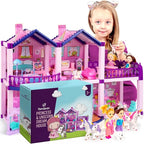 Dollhouse with 4 Princesses, 4 Unicorns, Dog, Furniture and Accessories - Pink and Purple Dream Doll House Toy for Little Girls - 5 Rooms w/Garden, Furniture and Accessories, Gift for Girls Ages 2-7