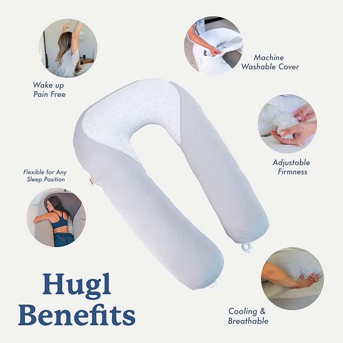 Plufl Hugl Cooling Body Pillow for Adults Made with Memory Foam | U Shaped Maternity Pillows Great for Side Sleepers & Pregnant Women | Washable Cover | White