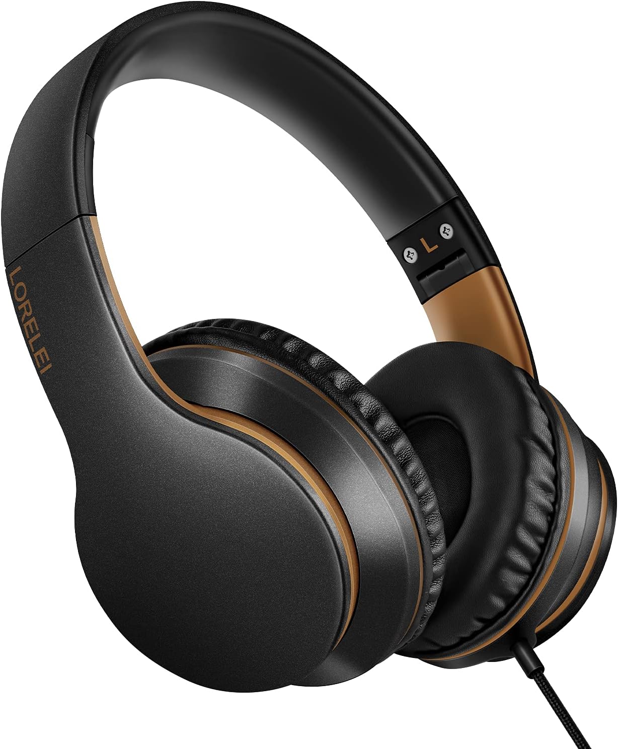 LORELEI X6 Over-Ear Headphones With Microphone, Lightweight Foldable & Portable Stereo Bass With 1.45M No-Tangle Wired for Smartphone Tablet MP3/4 (Black-Gold)