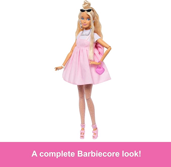 Barbie Deluxe Style Doll #3 in Barbiecore Outfit, Blond Hair in Top Knot, Pink Pastel Dress with Oversized Bow and Accessories Like Mesh Tights