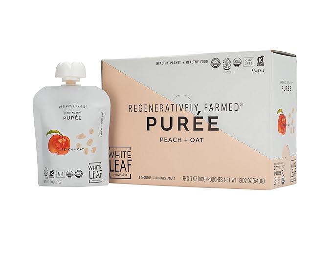 White Leaf Provisions Organic Purees/Baby Food Pouches - Fruits, Veggies & Grains, Toddler snack, Regeneratively Farmed, No Added Sugar, Non-GMO, BPA-Free Pouches 3.17 oz (Pack of 24, Peach + Oat)