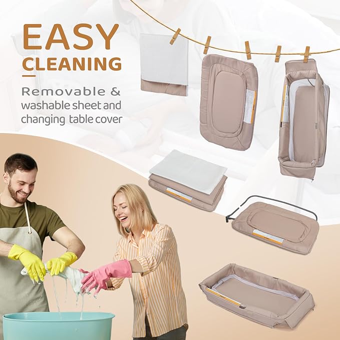 JOYMOR 7 in 1 Bedside Bassinet with Changing Table, All in One Nursery Center, Bedside Sleeper with Mattress, Sheet, Canopy, Storage Shelf (Beige)