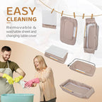 JOYMOR 7 in 1 Bedside Bassinet with Changing Table, All in One Nursery Center, Bedside Sleeper with Mattress, Sheet, Canopy, Storage Shelf (Beige)