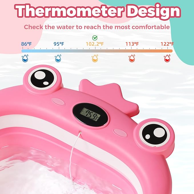 Baby Bathtub,Collapsible Baby Bath Tub with Soft Cushion & Thermometer, Space Saving Foldable & Travel Newborn Bathtub for Infant to Toddler 0-36 Months, Frog Blue