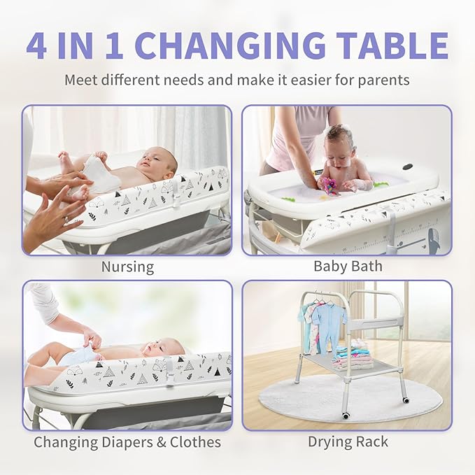 2 in 1 Baby Bathtub with Changing Table, DEYGIA Waterproof Diaper Changing Station Portable Changing Table Adjustable Height Nursery Organizer with Storage Racks for Newborn Infant Toddler