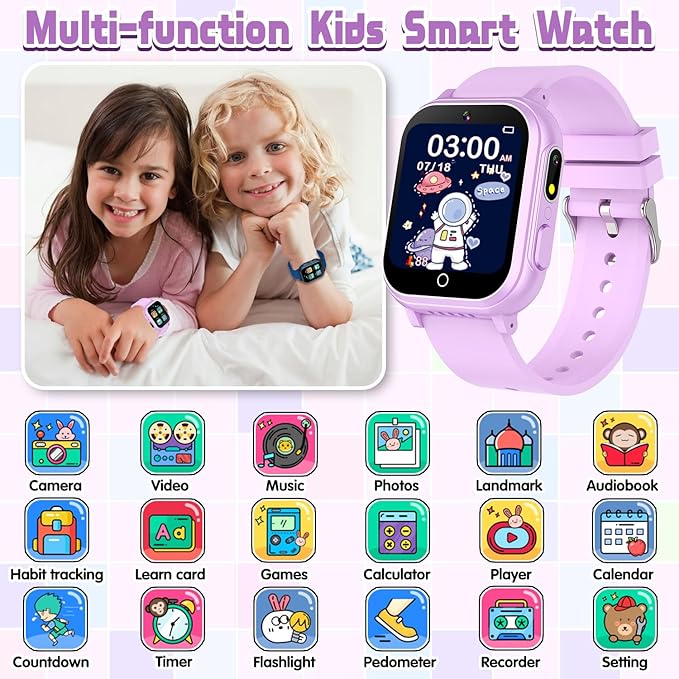 Kids Smart Watch Gift for Girls Ages 3-12, IP67 Waterproof, 32 Puzzle Games, HD Touchscreen Dual Camera Vedio Pedometer Music Player, Kids Watch Toy Birthday Gifts for Girls Ages 5 6 7 8 9 10 (Purple)