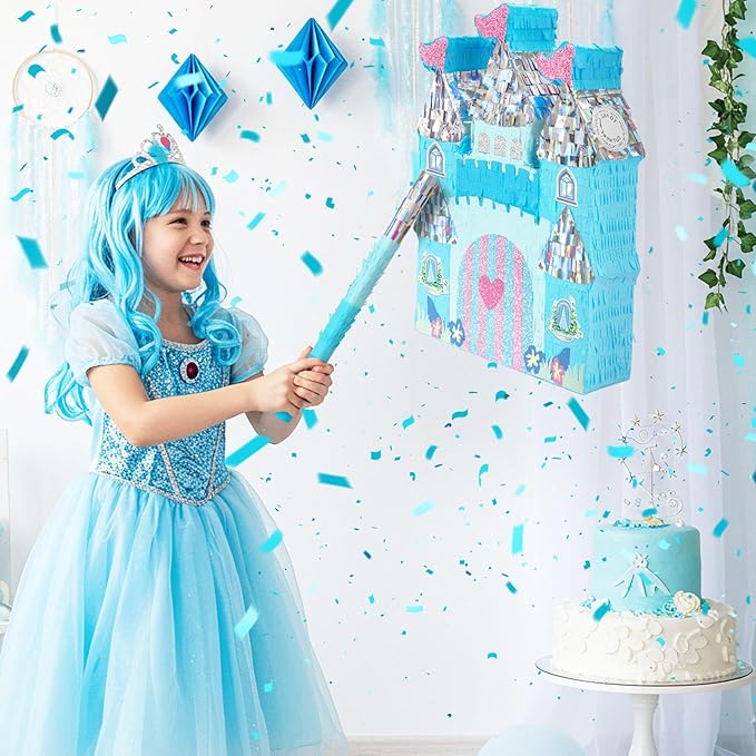 WERNNSAI Princess Castle Pinata - Ice Castle Pinata Blue Princess Party Decorations for Girls Birthday Party Game Magical World Birthday Party Decoration Supply Winter Fairy Party Game
