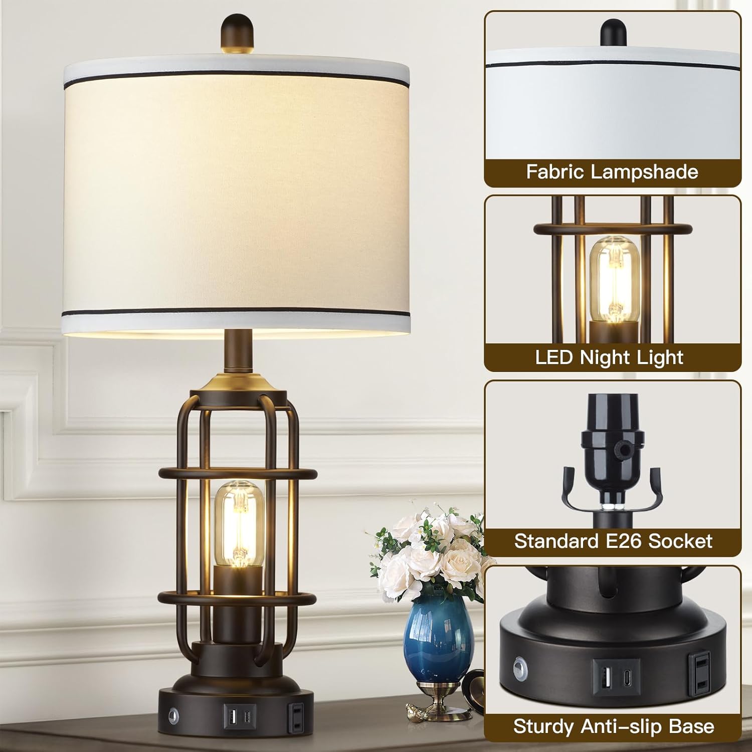 26" Modern Lamp for Living Room, Industrial 3-Way Dimmable Beside Table Lamp with USB A+C Charging Ports & AC Outlet, Touch Control Beside Lamp LED Night Light for Bedroom Single(2 Bulbs Included)