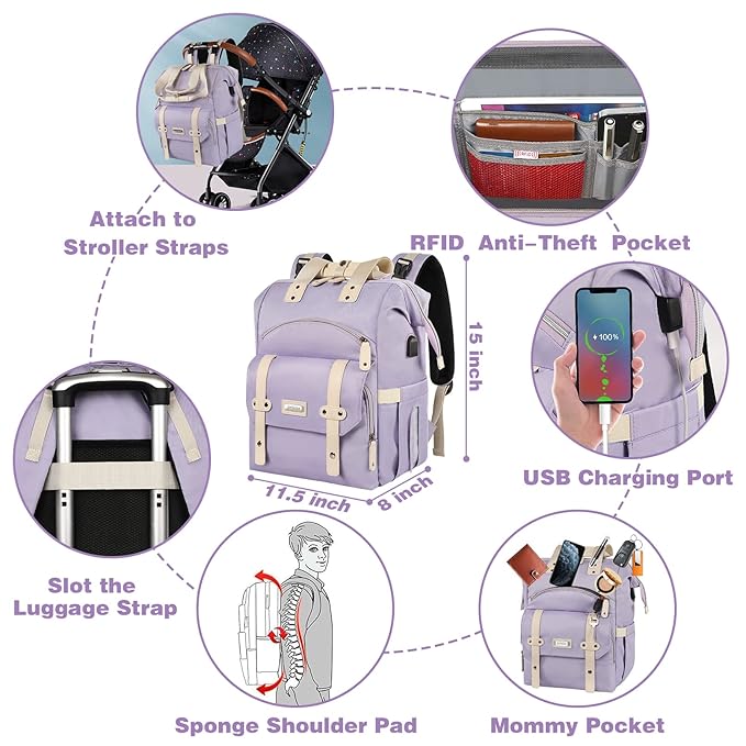 Jiefeike Diaper Bag Backpack,Purple Travel Backpack for Dad Mom Boys Girls,Insulated Pockets Portable Baby Nappy Bags with USB Charging Port,RFID Anti-Theft Water-Resistant Pocket Stroller Straps