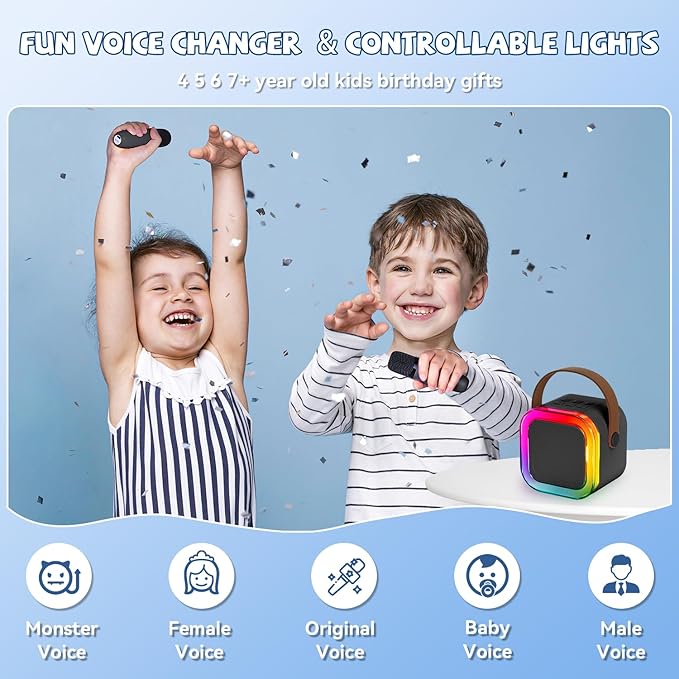 【2025 Newest】 Mini Karaoke Machine for Kids Girls & Boys - Portable Bluetooth Speaker with 2 Wireless Microphones - Kids Birthday Gifts for Ages 4-10 - Kids' Instrument Accessories - Black