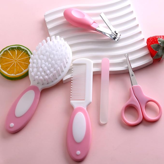 Baby Grooming Kit,Baby Health Care Kit,Baby Brush Soft Bristles 5 pcs Baby Nail Kit Nursery Care Kit Baby Hair Brush Hair Comb Nail Kit Safety Cutter Nail Clipper Set Pink