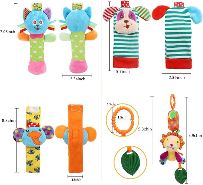 BLOOBLOOMAX Baby Soft Hanging and Wrist Rattle Toy, Car Seat Stroller Toys with Plush Animal C-Clip Ring for Infant Babies Boys and Girls 3 to 12 Months (12PCS-G)