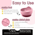 Baby Led Weaning Supplies, 8 Piece BPA-Free Silicone Feeding Set, Silicone Suction Bowl, Forks & Spoons, Bib & Cup, Develops Self Feeding Skills, Dishwasher Safe, for 6+ Months (Pink)