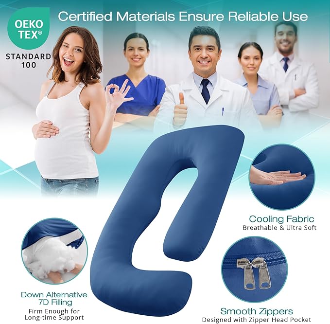 Sasttie Pregnancy Pillows for Sleeping, Jumbo U Shaped Cooling Full Body Pillow with Removable Cover, Pregnant Women Must Haves, Maternity Essential, Navy