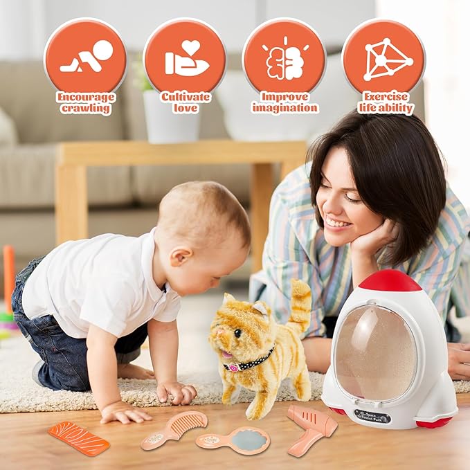 Walking Cat Toy for Kids with Backpack,Electronic Pet Puppy W/Walking&Barking,Interactive Plush Stuffed Toys,Puppy Pet Care Gifts for Girls Boys Toddlers 3 4 5 Year Old Boys