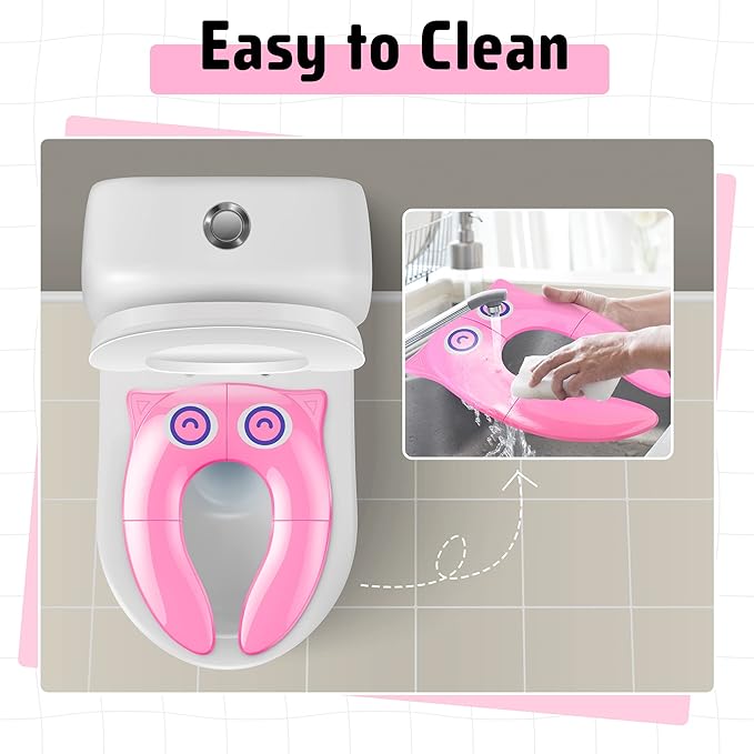 Portable Potty Seat for Toddler Travel - Foldable Non-Slip Potty Training Toilet Seat Cover for Girls, Baby Kids with Drawstring Bag (Pink Owl)