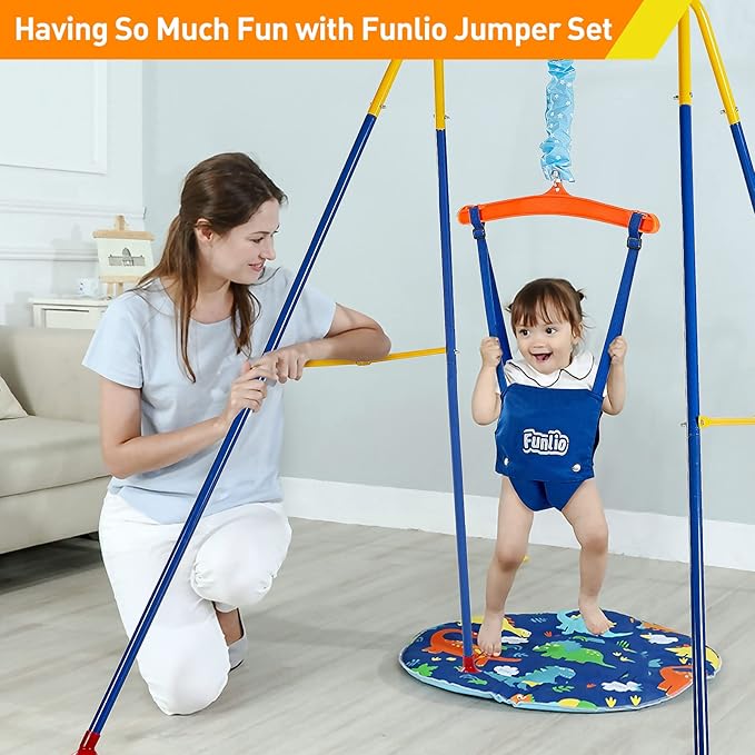 FUNLIO Baby Jumper with Stand for 6-24 Months, Infant Jumper for Indoor/Outdoor Play,Baby Bouncer for Baby Girl/Boy, with Adjustable Chain, Easy to Assemble & Store (with Stand) - Blue