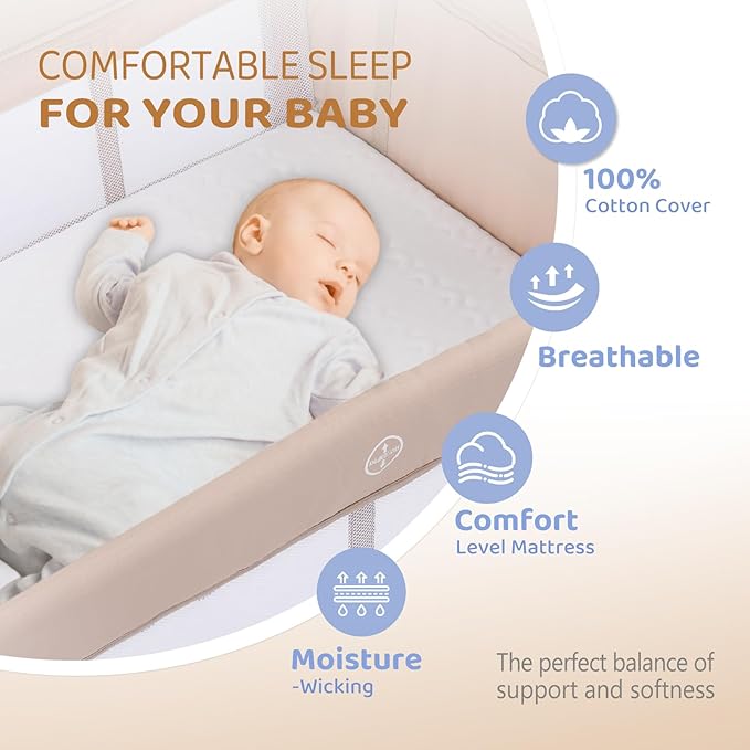 JOYMOR 7 in 1 Bedside Bassinet with Changing Table, All in One Nursery Center, Bedside Sleeper with Mattress, Sheet, Canopy, Storage Shelf (Beige)